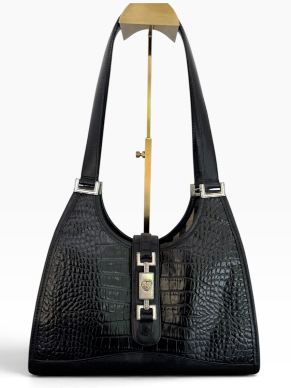 Brighton Black Leather Croc Embossed Shoulder Bag Heart Hardware